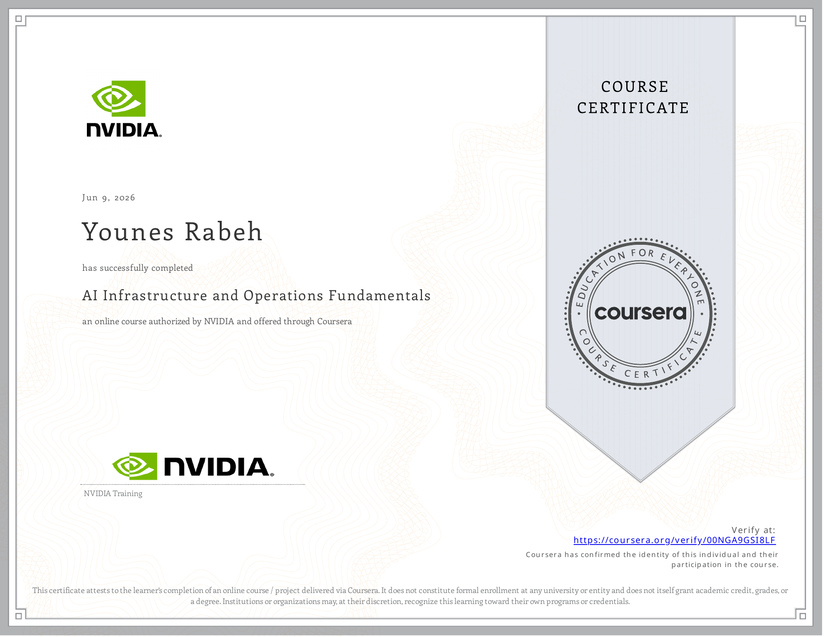NVIDIA-authorized Coursera certificate for AI Infrastructure and Operations Fundamentals awarded to Younes Rabeh